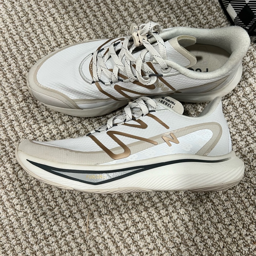 New Balance Fuel Cell White and Gold Sneakers